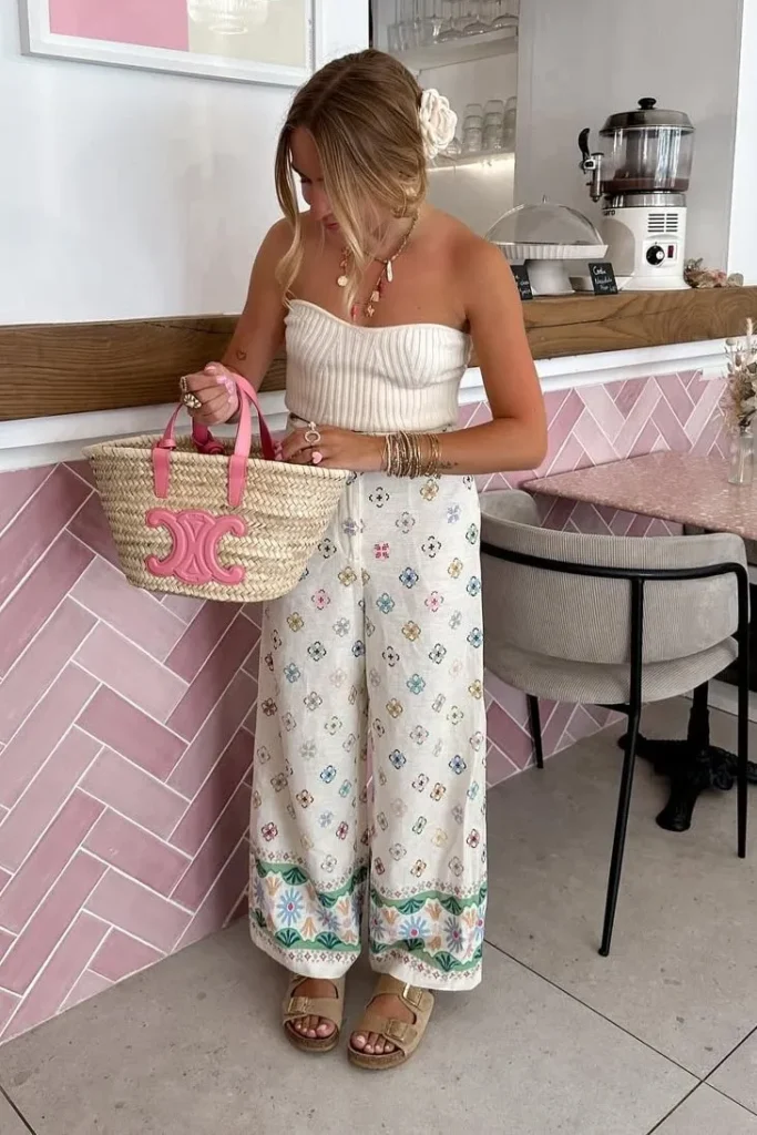 Cream Strapless Top with Printed Wide Leg Pants