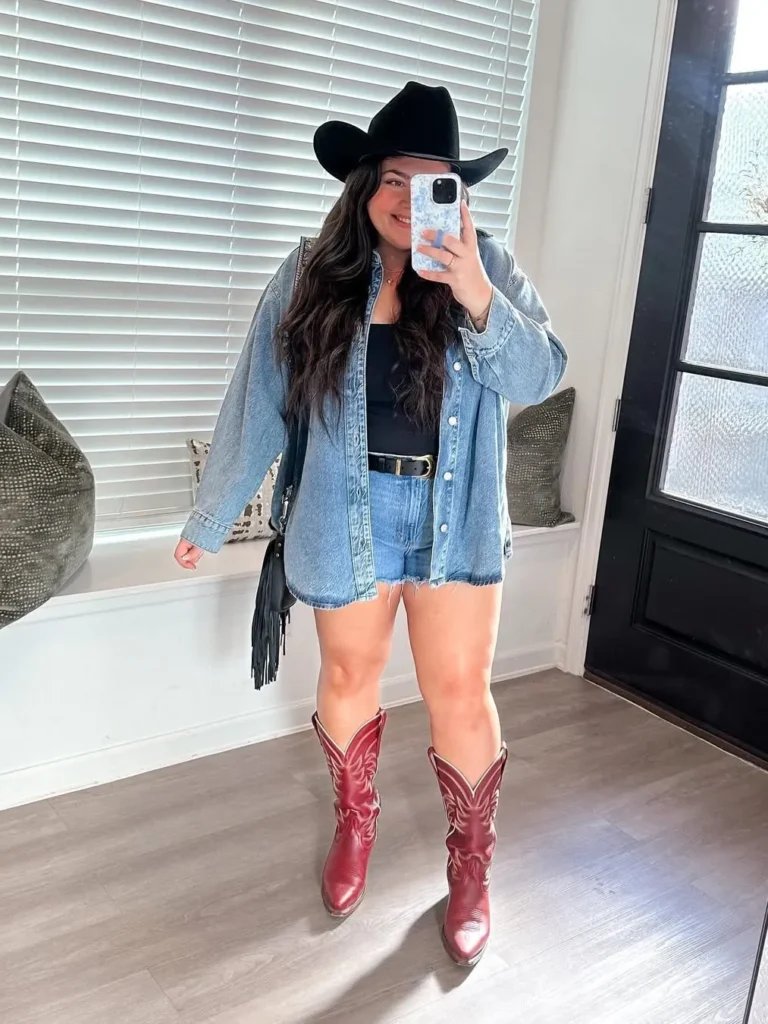 Oversized Denim Shirt with Denim Shorts and Red Cowboy Boots