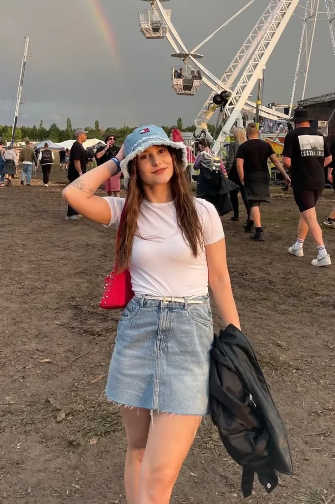 White Fitted Tee with Denim Mini Skirt and Denim Bucket Hat