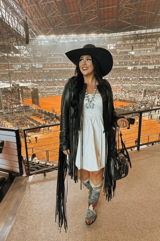 White Mini Dress with Black Fringe Jacket and Cowboy Hat