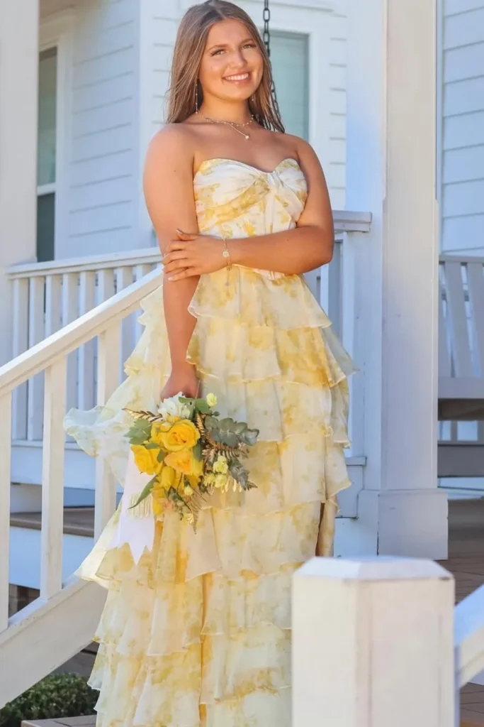 Yellow Floral Strapless Maxi Dress with Tiered Ruffles