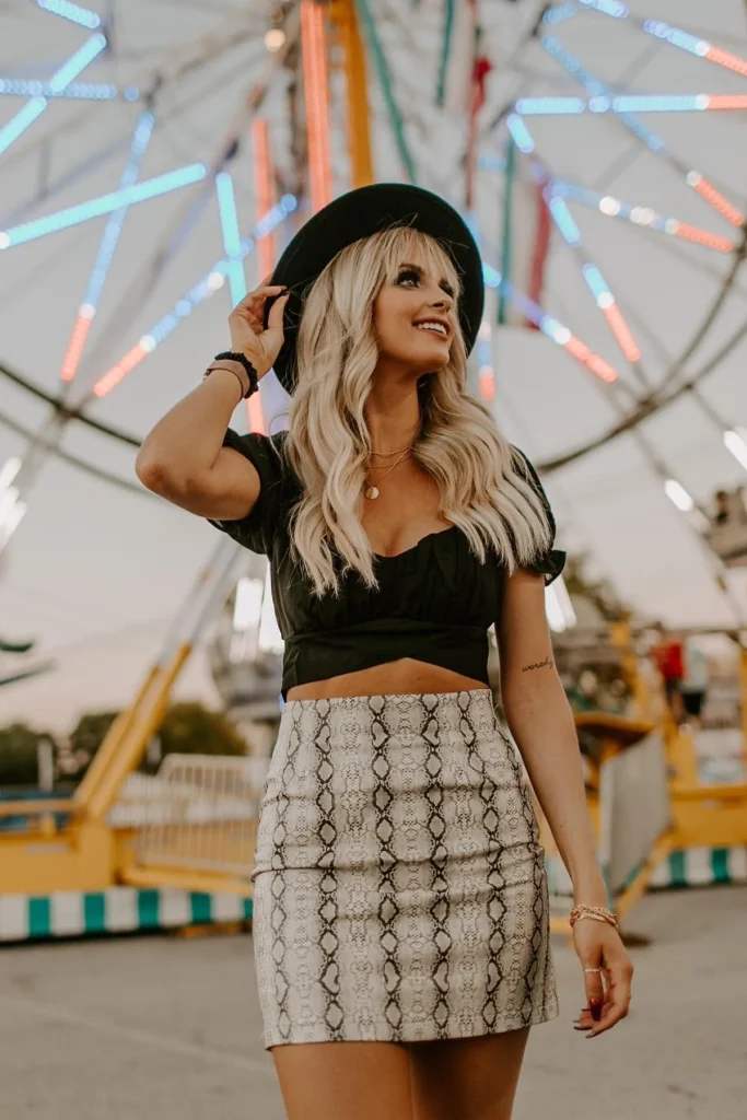 Black Crop Top with Snakeskin Mini Skirt and Black Hat