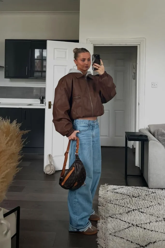 Brown Leather Jacket with Light-Wash Wide-Leg Jeans