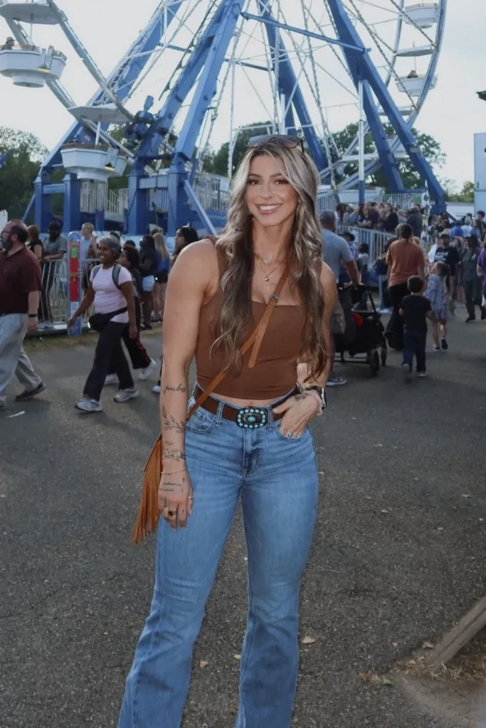 Brown Strapless Top with Light-Wash Flare Jeans
