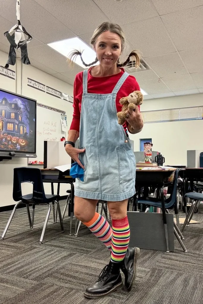 6. Red Sweater with Light Denim Pinafore Dress and Rainbow Socks