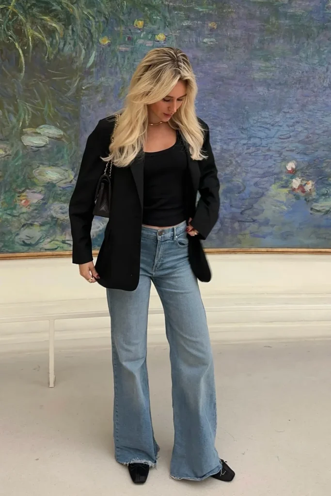 Black Tank Top with Black Blazer and Light Wash Wide Leg Jeans