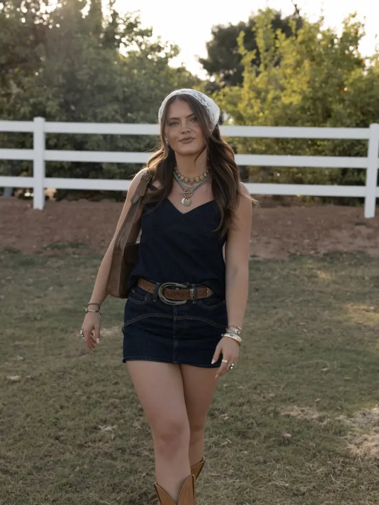 Navy Camisole with Dark Denim Shorts and Tan Cowboy Boots