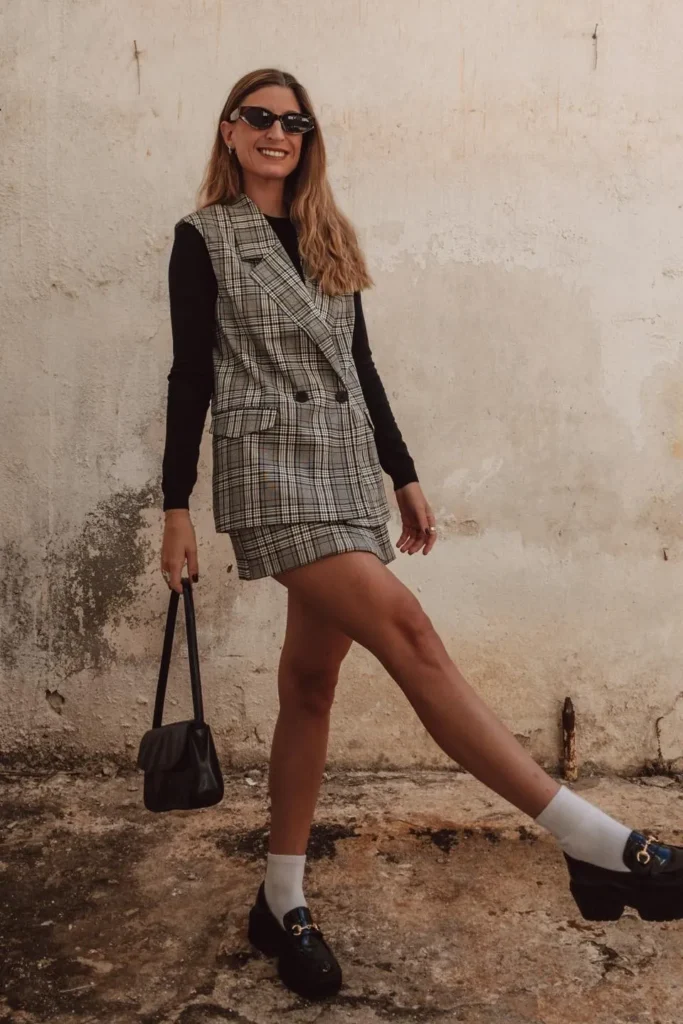 Plaid Vest with Matching Mini Skirt and Black Loafers