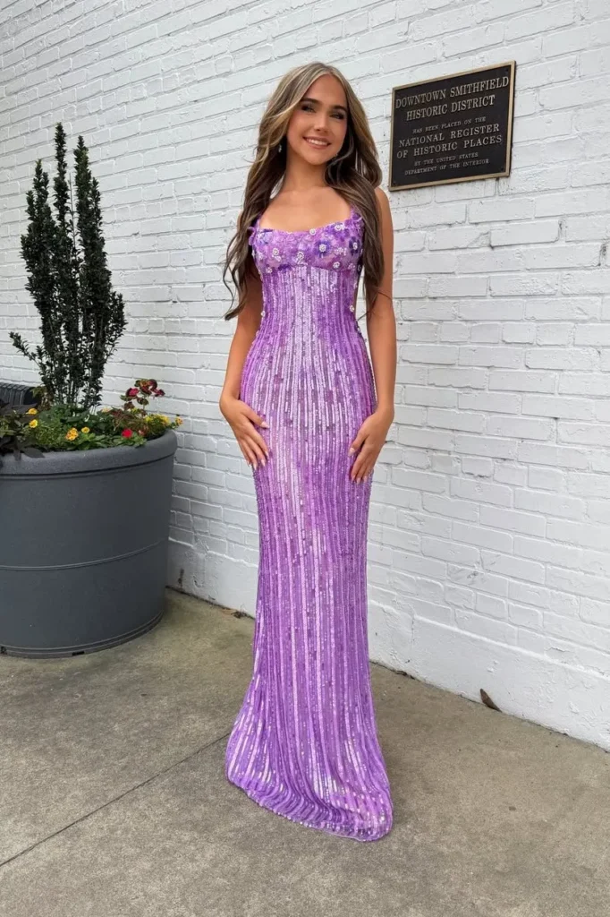 Purple Sequin Maxi Dress with Floral Embellishments