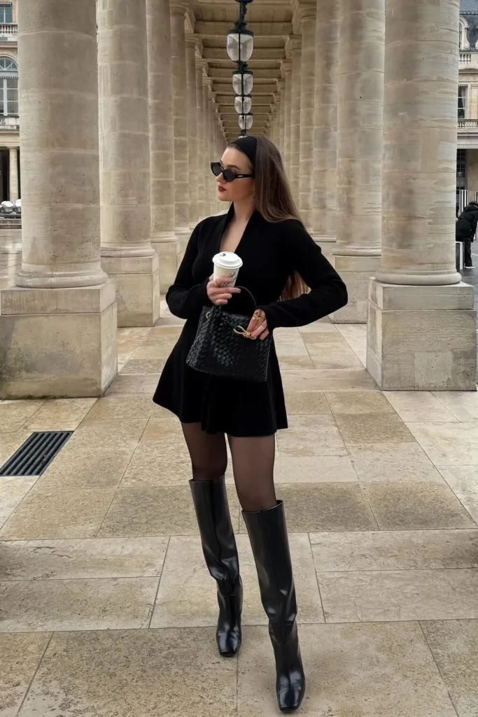 Black Mini Dress with Sheer Tights and Knee-High Boots