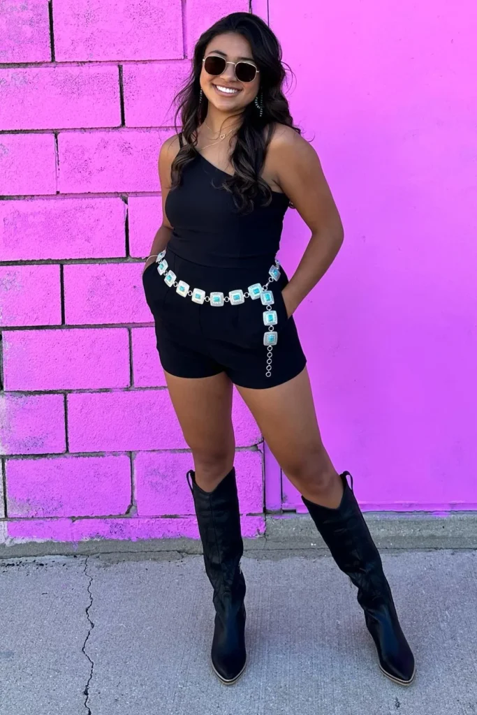 Black One-Shoulder Romper with Black Cowboy Boots