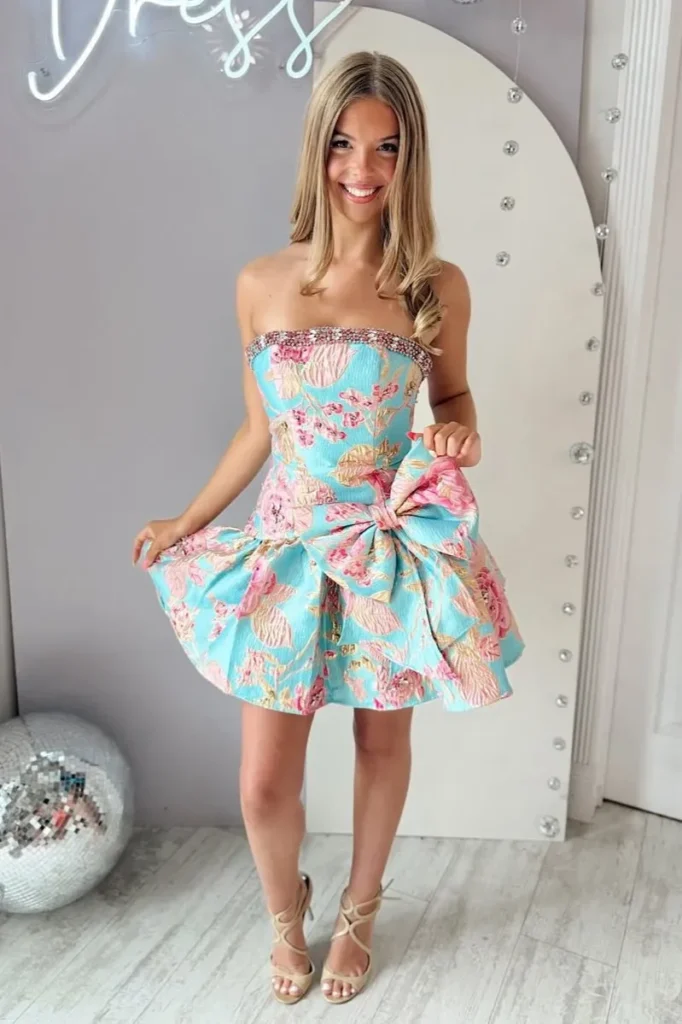 Blue Floral Strapless Mini Dress with Oversized Pink Bow