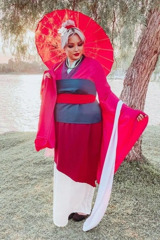 Hot Pink Kimono Robe with Gray Sash and White Skirt