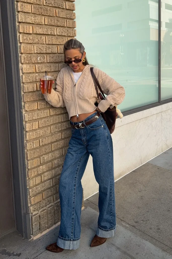 Beige Cable Knit Cardigan with Dark-Wash Wide-Leg Jeans