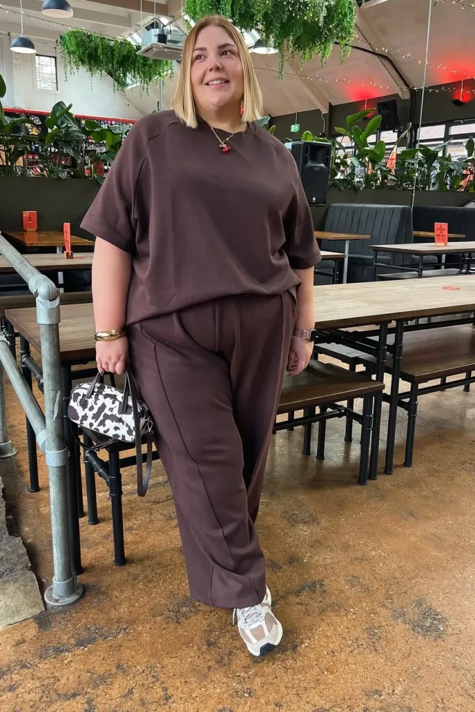 9. Chocolate Brown Matching Top and Pants Set with White Sneakers