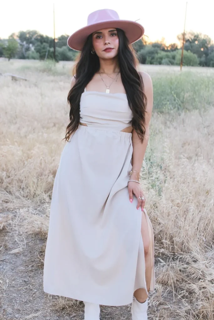 Cream Crop Top with Matching Maxi Skirt and Pink Wide-Brim Hat