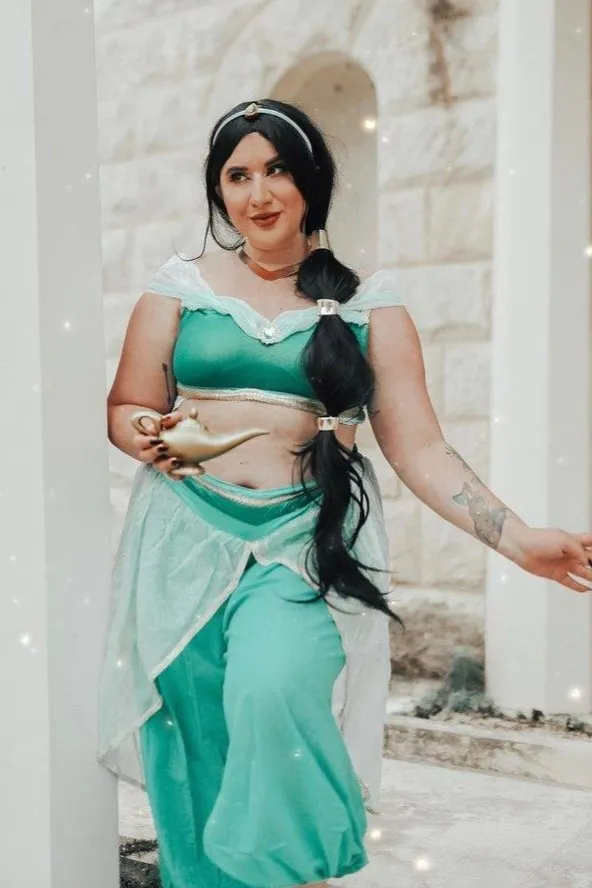 Green Off-Shoulder Crop Top with Turquoise Harem Pants