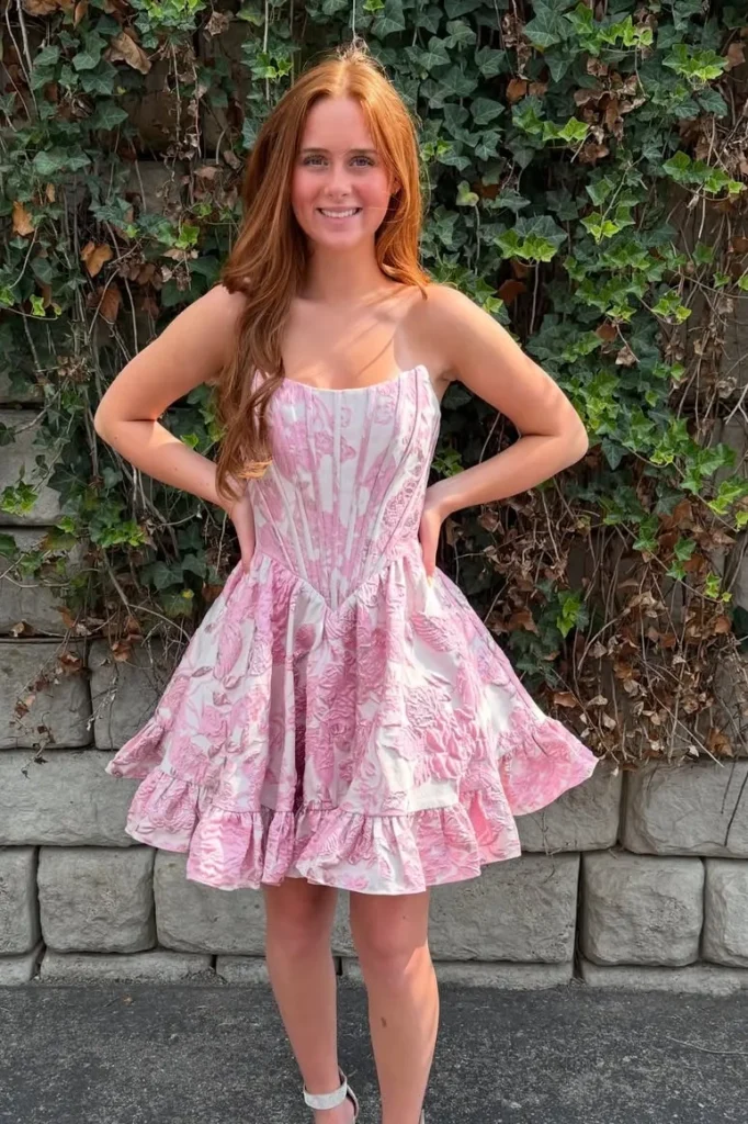 Pink Floral Corset Mini Dress with Ruffle Hem