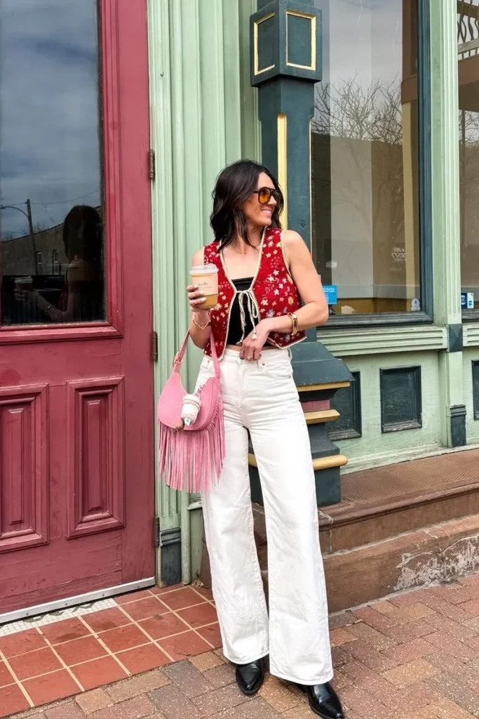 Red Floral Vest with White Wide-Leg Jeans and Black Boots